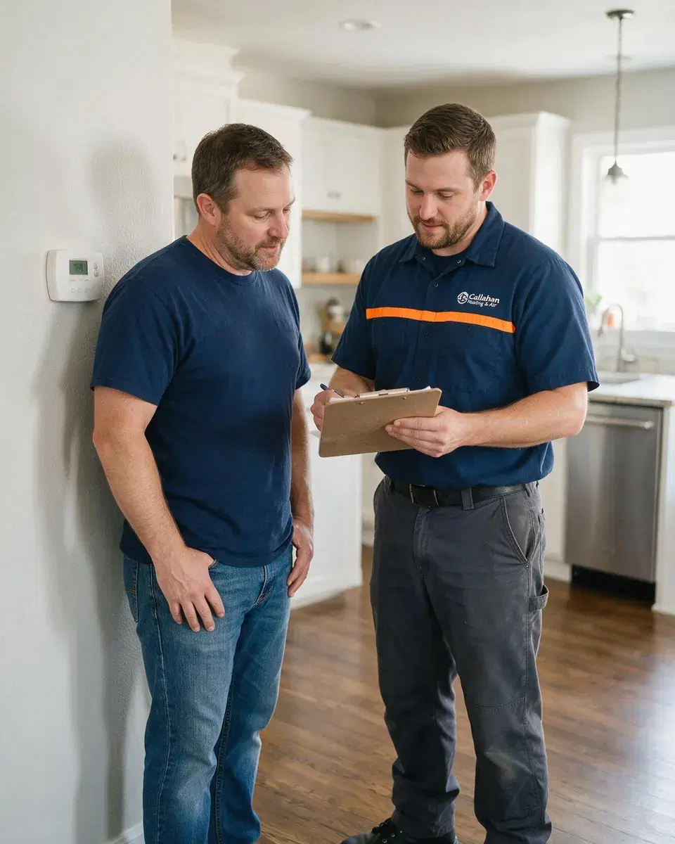 A homeowner and a Callahan technician reviewing a maintenance checklist