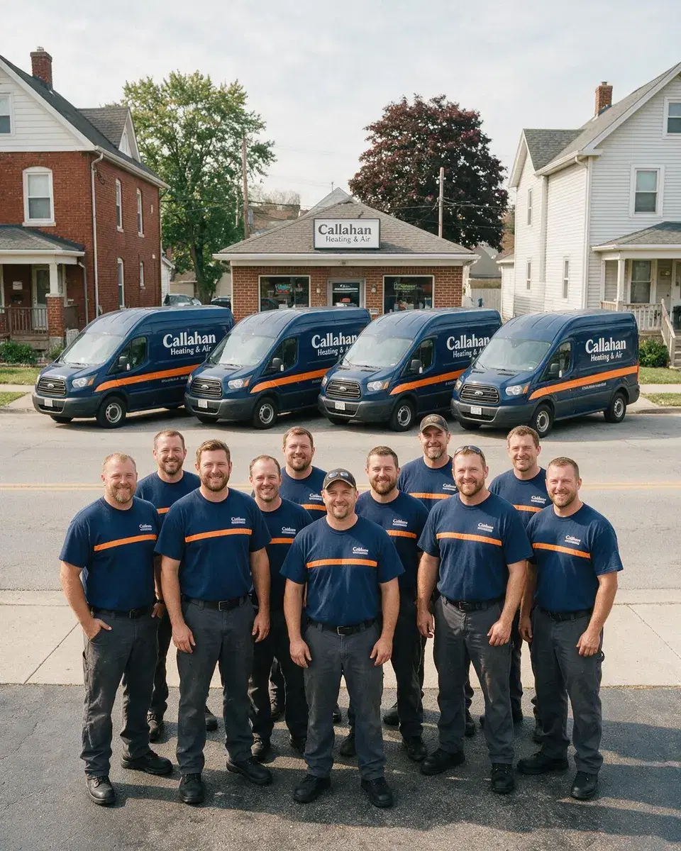 Four Callahan service vans lined up outside the shop
