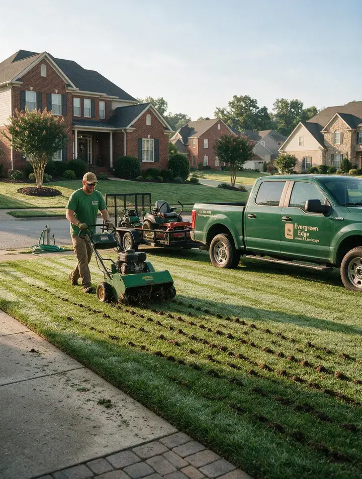 Andre pushing a core aerator across a dewy fescue lawn