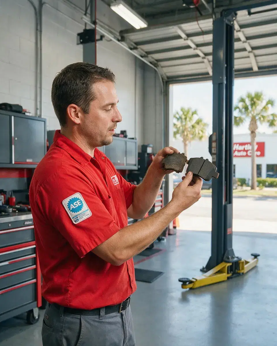 Carlos, an ASE-certified technician, holding a worn brake pad