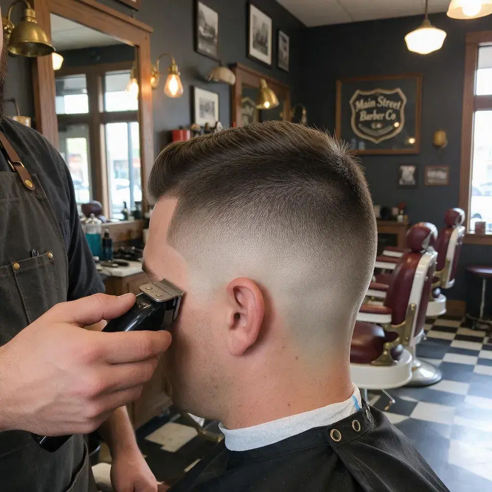 Close-up of a sharp fade being finished with clippers