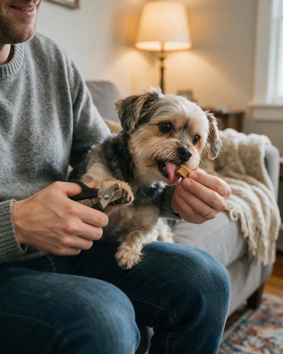 A person trimming a small dog's nail while giving a treat