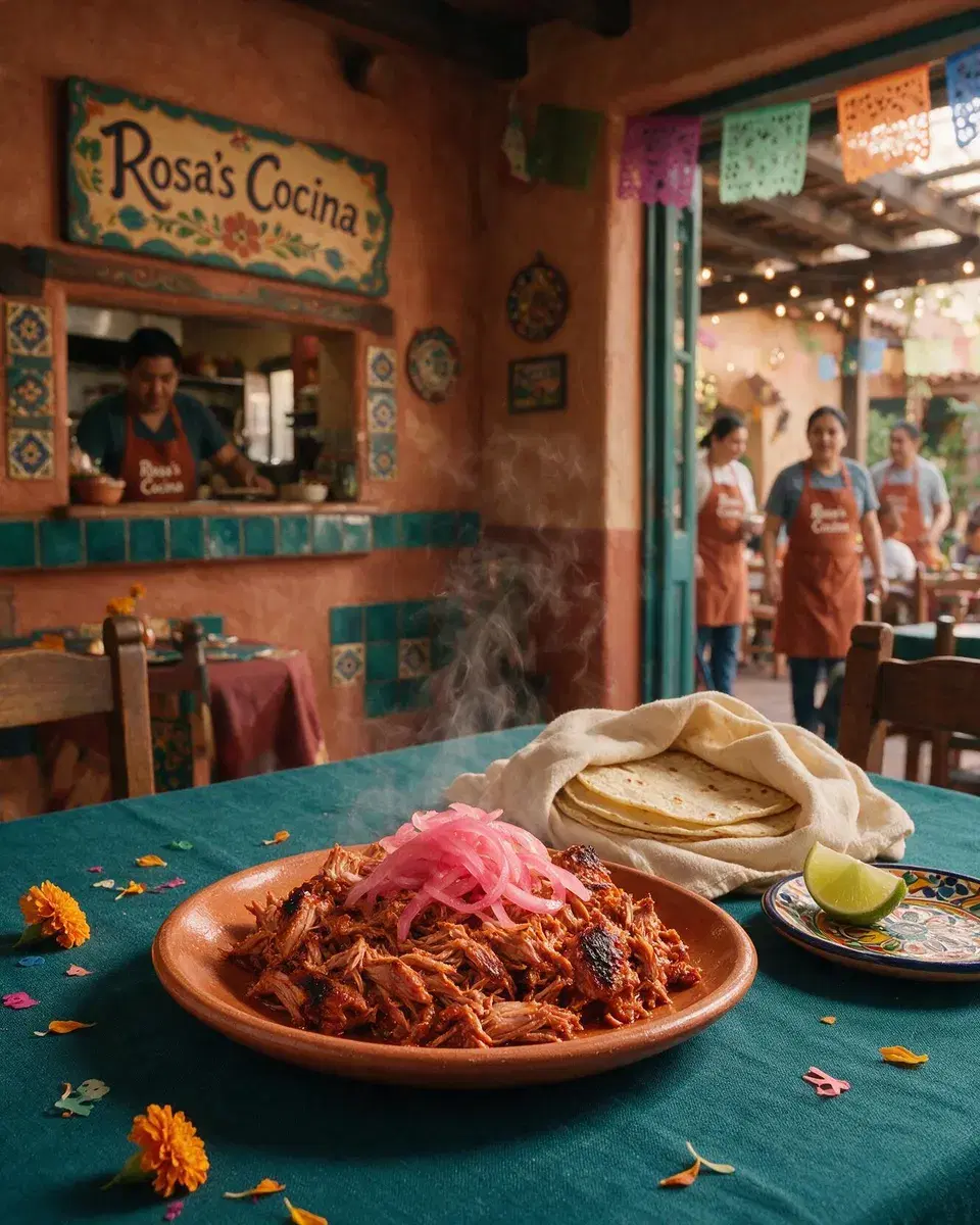 A plate of cochinita pibil with pickled onions and tortillas
