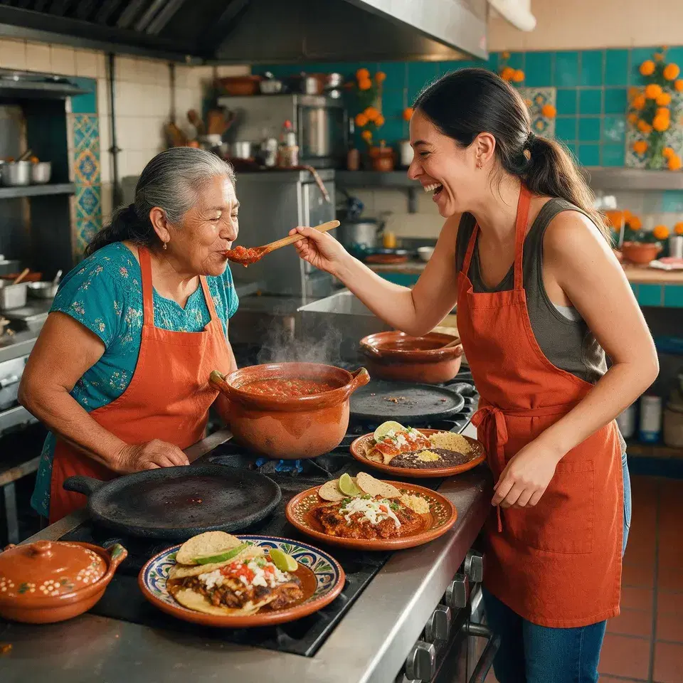 Rosa and her daughter tasting salsa in the kitchen