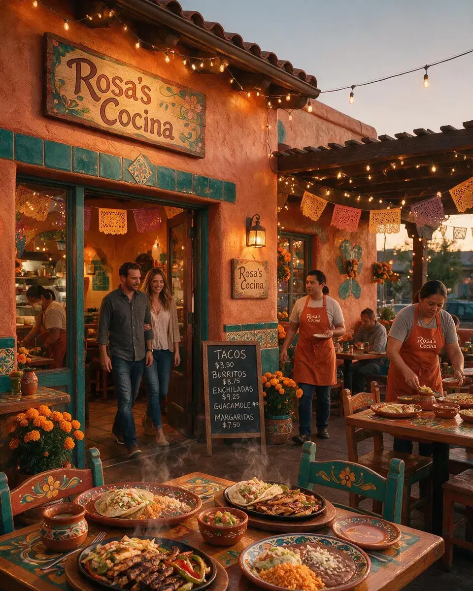 The front of Rosa's Cocina with string lights at dusk