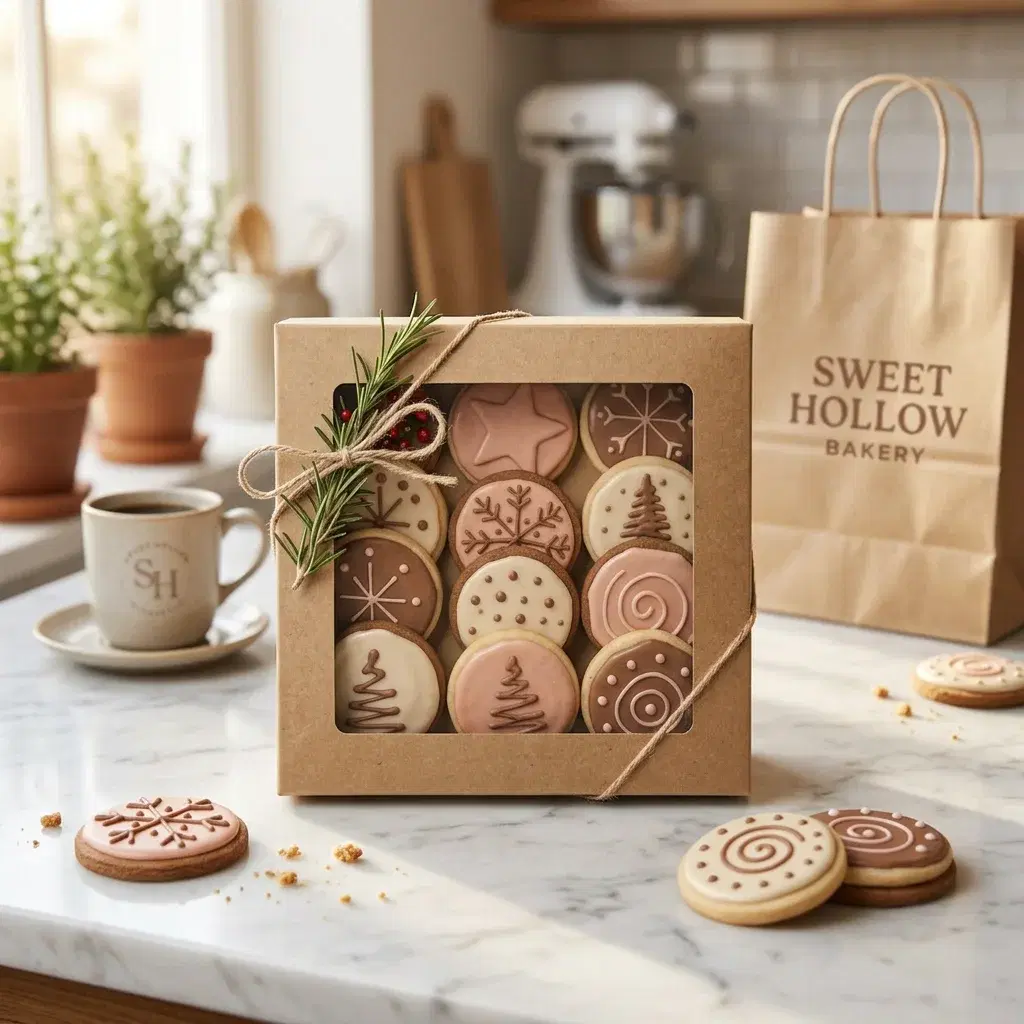A kraft window box of iced holiday cookies with snowflake, tree and swirl designs, tied with twine and rosemary